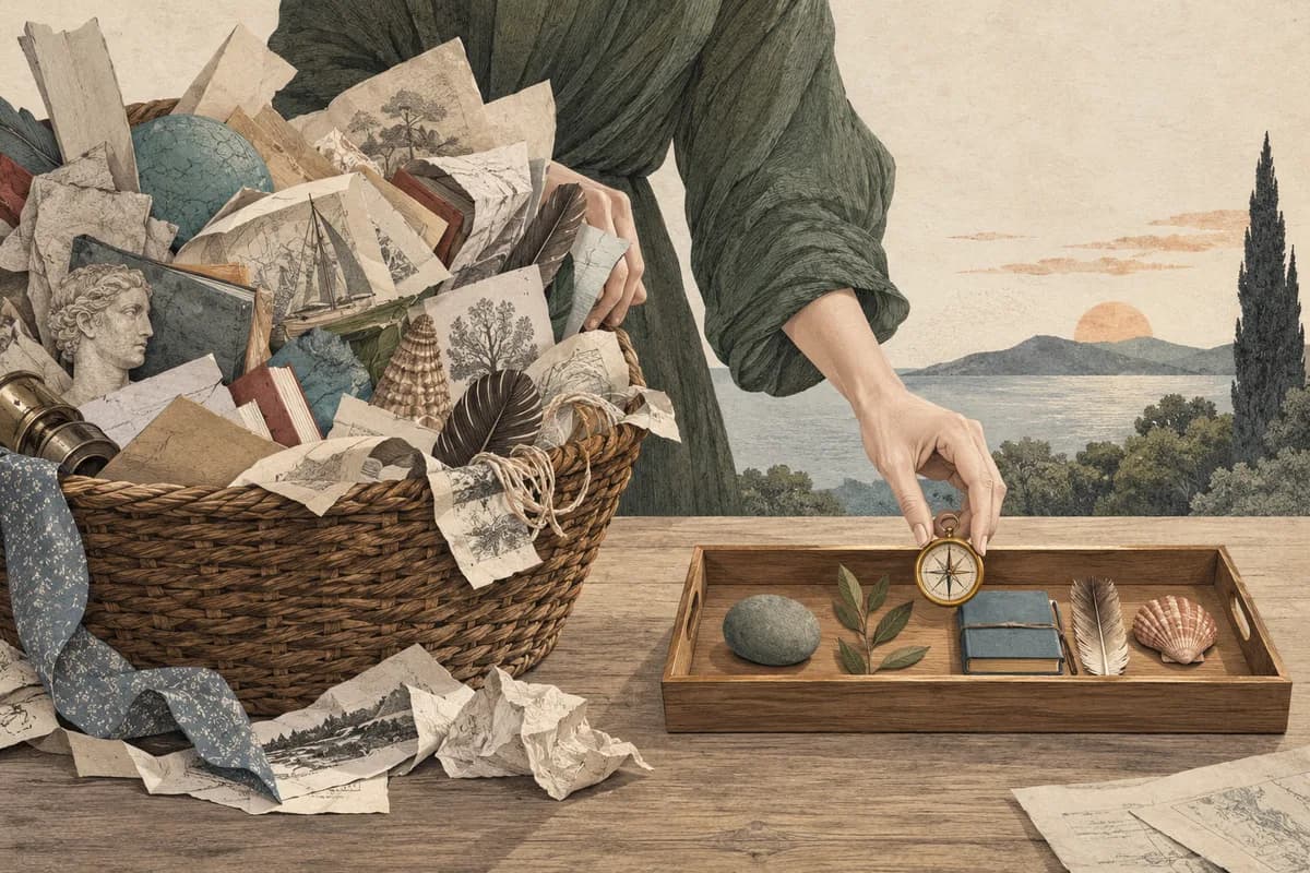 Editorial illustration of an overflowing basket sorted into a small tray of useful objects.