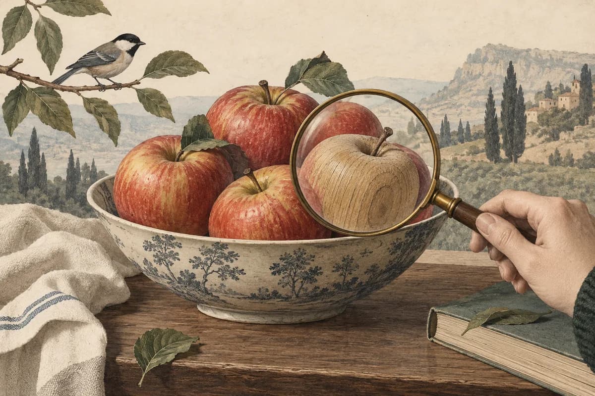 Editorial illustration of a magnifying glass revealing one painted apple is actually a wooden one.