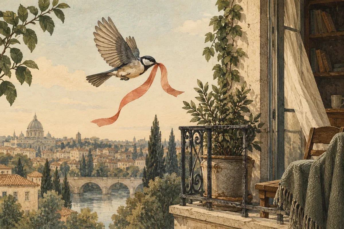 Editorial illustration of a bird carrying a single thank-you ribbon back to a familiar balcony.