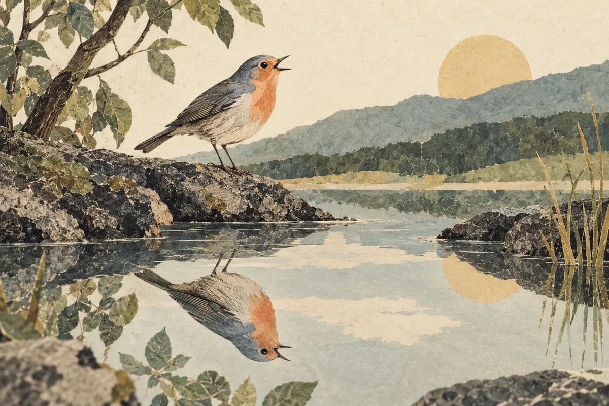 Editorial illustration of two matching singing birds, one echo reflected in a still pond.