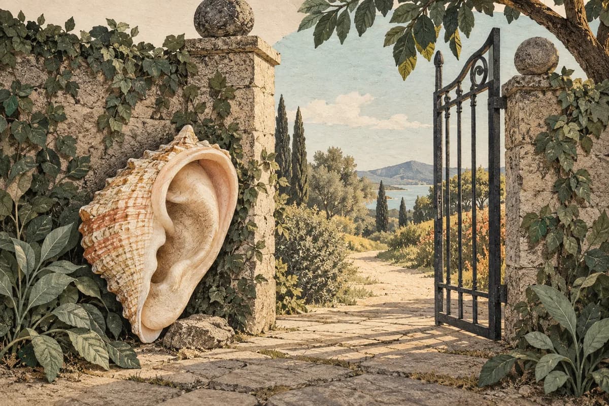 Editorial illustration of an ear-shaped seashell listening at an open garden gate.
