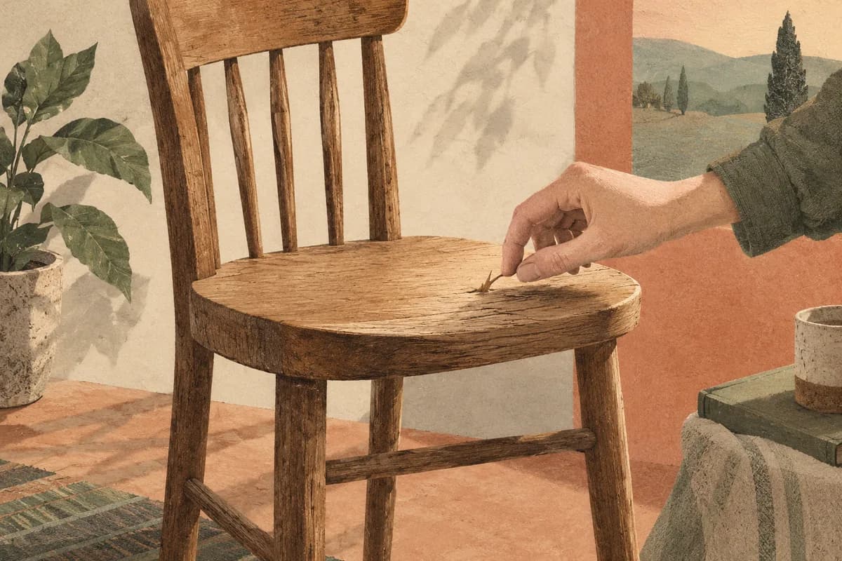 Editorial illustration of a single splinter being located in an otherwise smooth wooden chair.