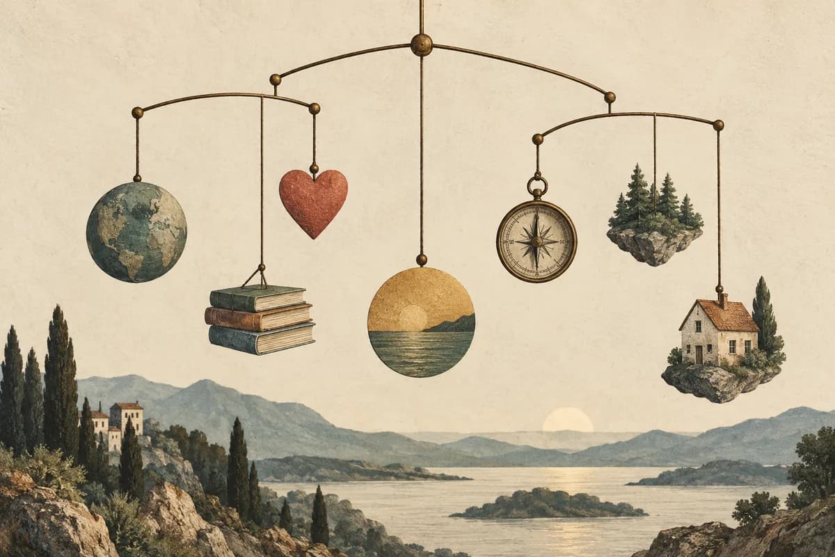 Editorial illustration of a balanced mobile with distinct weighted objects showing different choices.