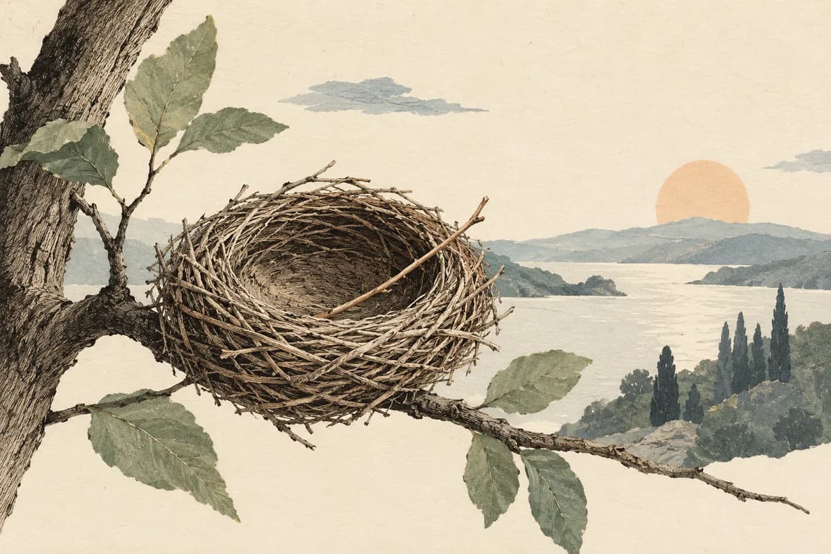 Editorial illustration of an empty bird’s nest with a carefully placed first twig.