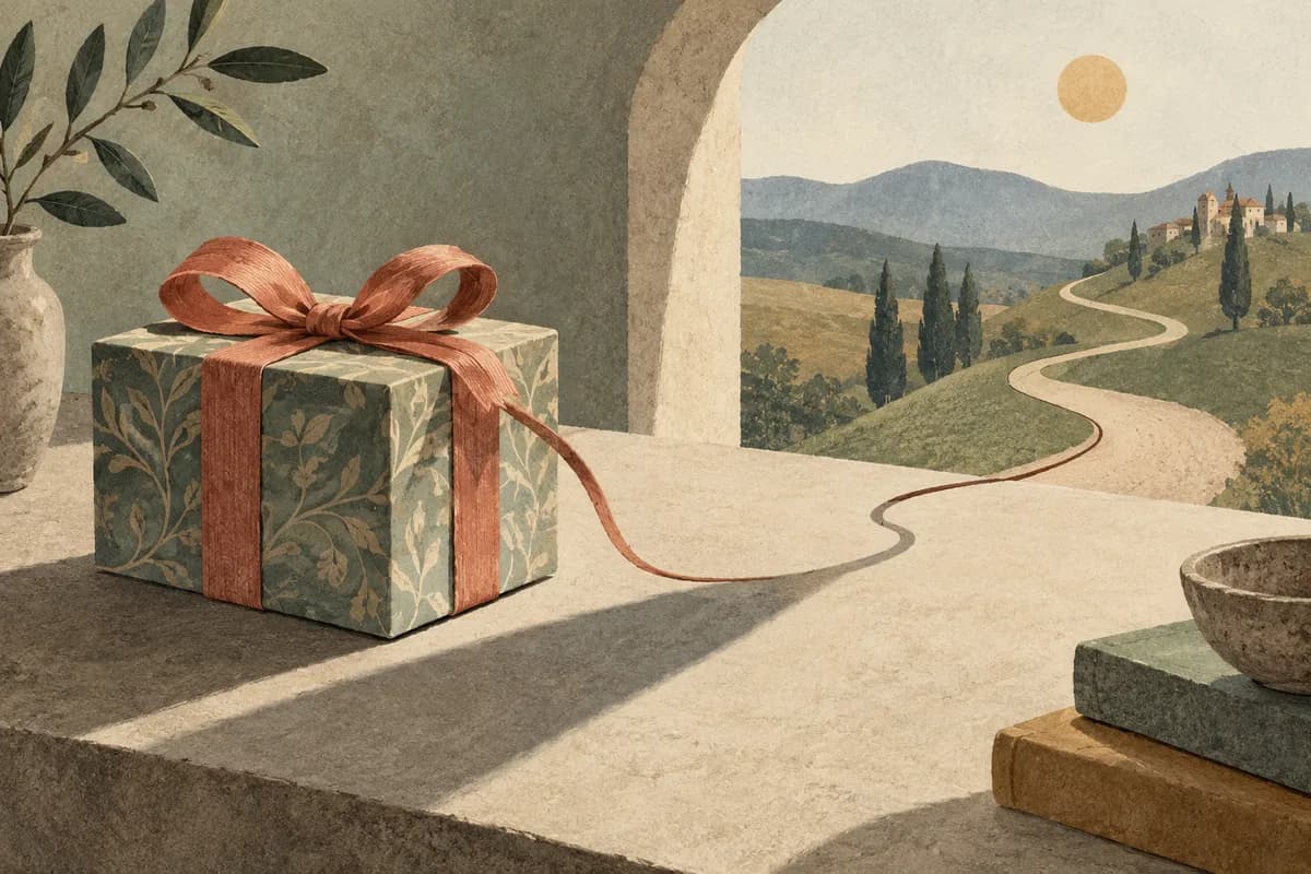 Editorial illustration of a gift box that casts the shadow of an attached string.