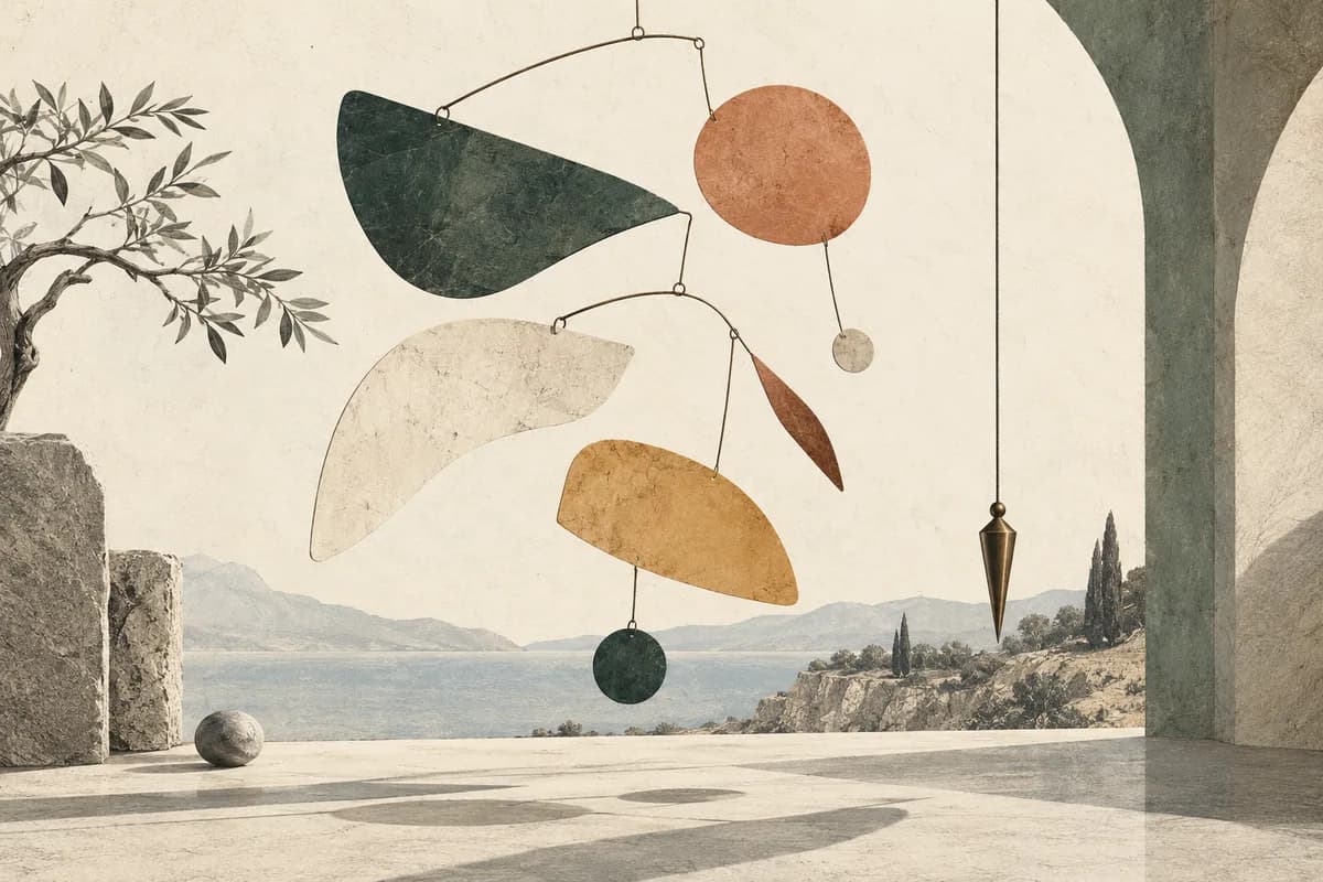 Editorial illustration of a swaying suspended sculpture examined by a still plumb line.