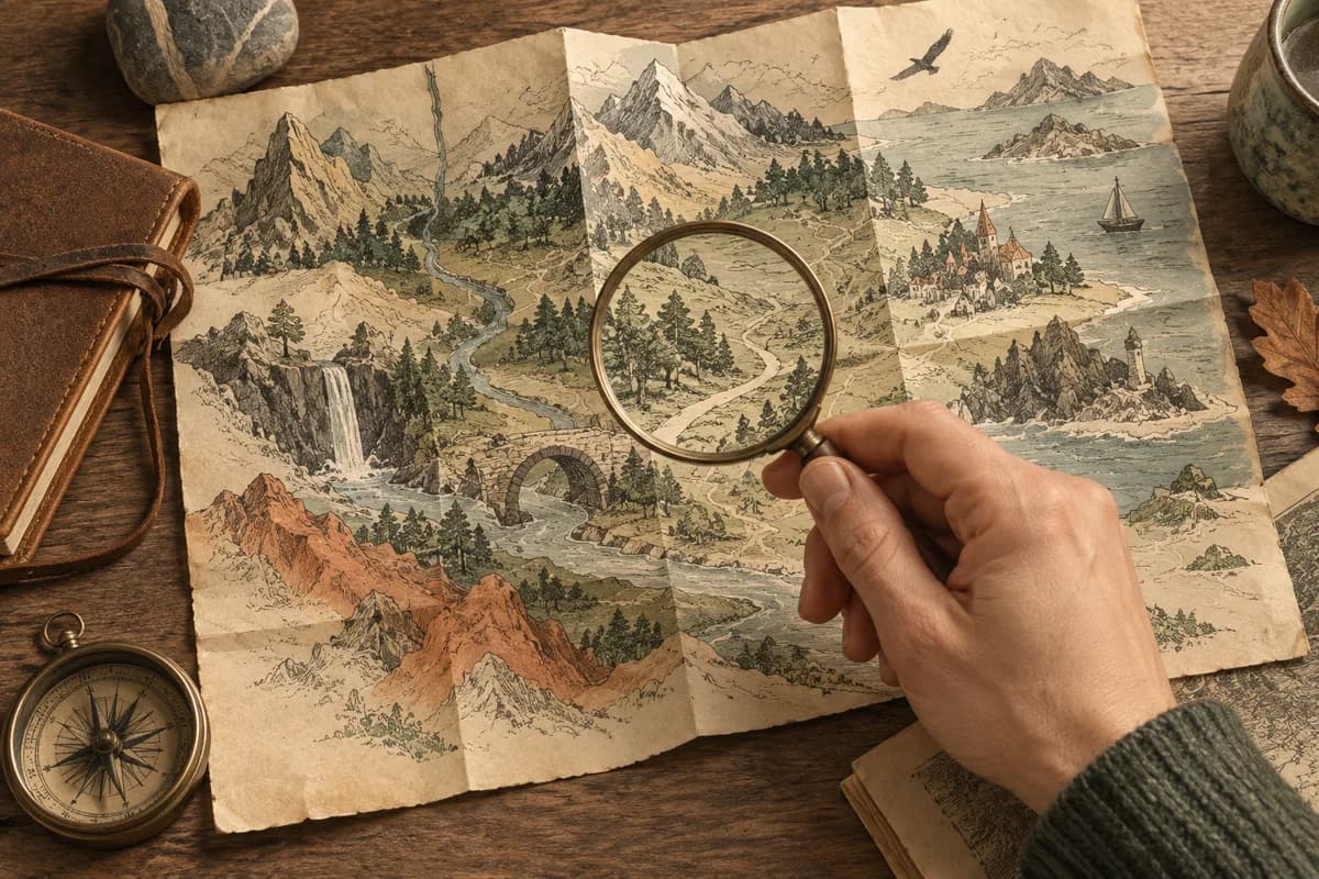Editorial illustration of a folded field map inspected under a small glass lens.
