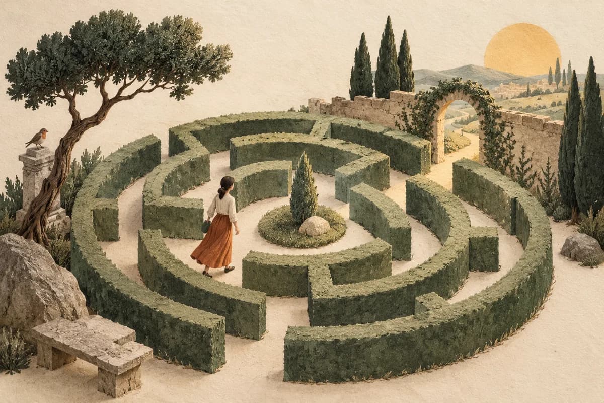 Editorial illustration of a single visitor finding their way through a miniature garden maze.