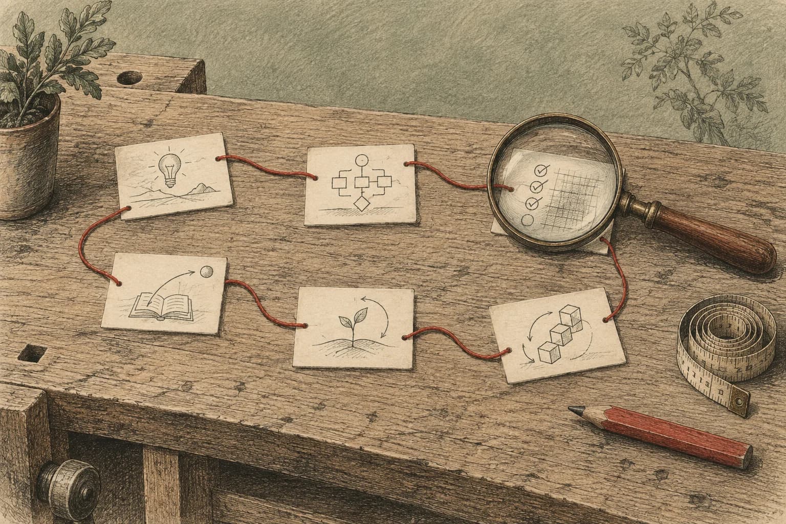 Six engraved work cards connected by a red thread on a wooden bench